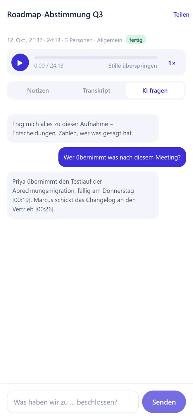 „KI fragen“ beantwortet, wer nach dem Meeting was übernimmt