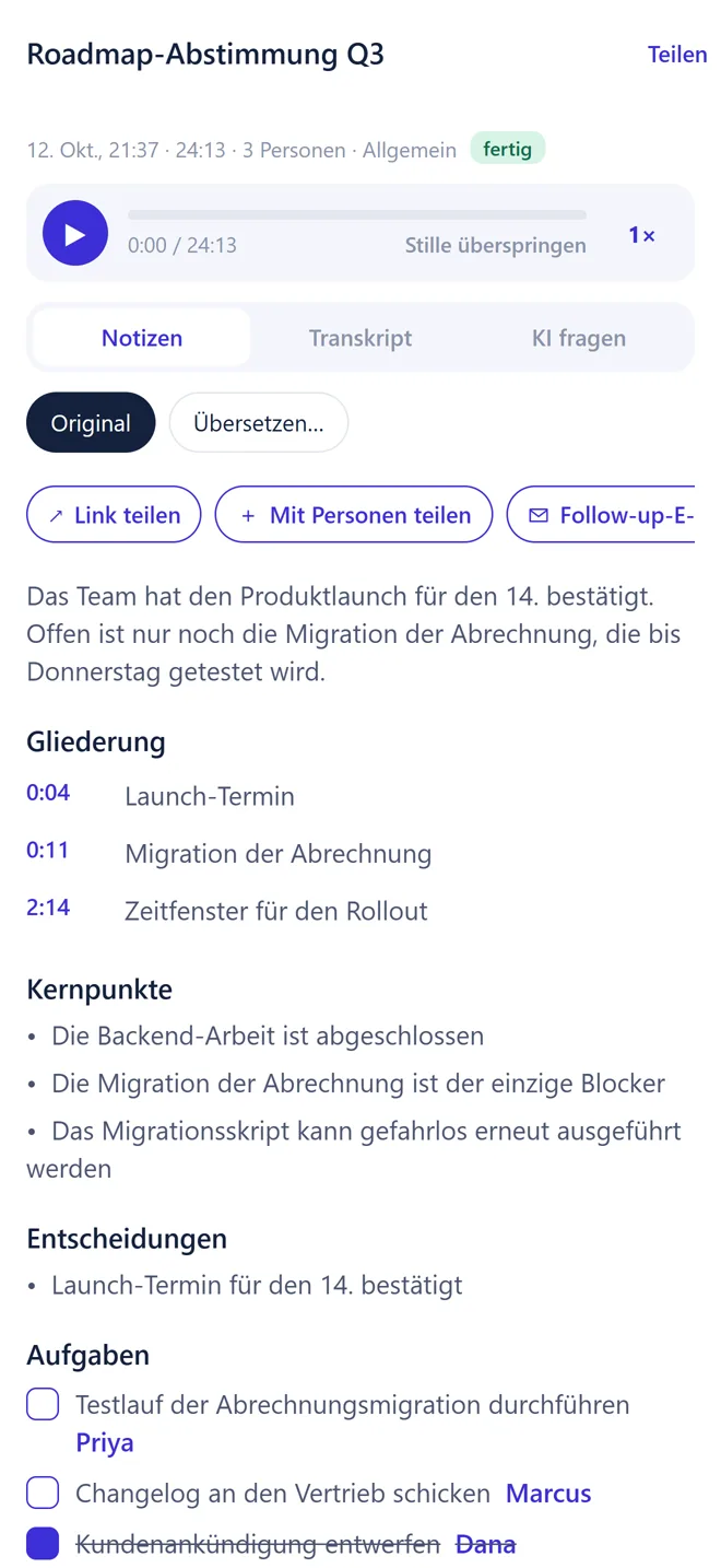 Meeting-Notizen in Transkribe: Überblick, Gliederung, Kernpunkte, Entscheidungen und Aufgaben mit Verantwortlichen