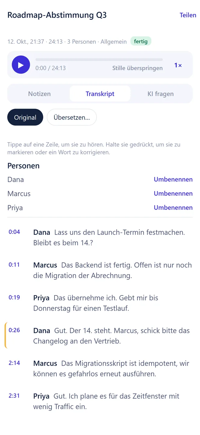 Transkript in Transkribe mit Namen und Zeitstempeln