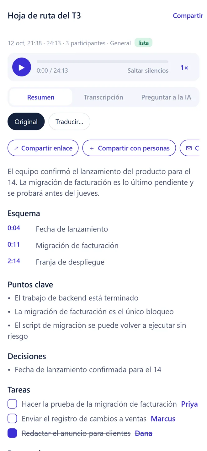 Notas de una reunión en Transkribe: resumen, esquema, puntos clave, decisiones y tareas con responsables