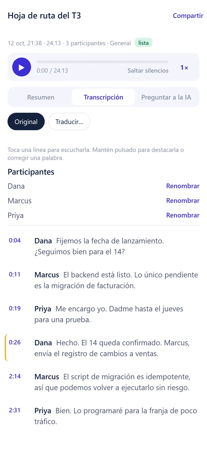 Transcripción en Transkribe con nombres y marcas de tiempo