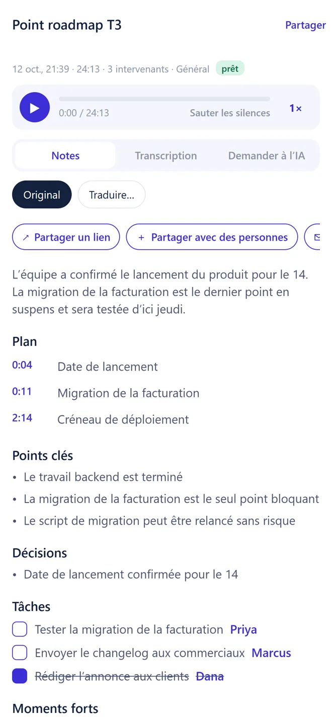 Notes de réunion dans Transkribe : résumé, plan, points clés, décisions et tâches avec responsables