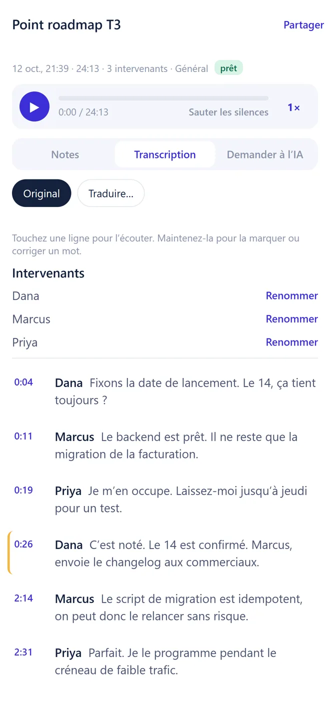 Transcription dans Transkribe avec les noms et l’horodatage