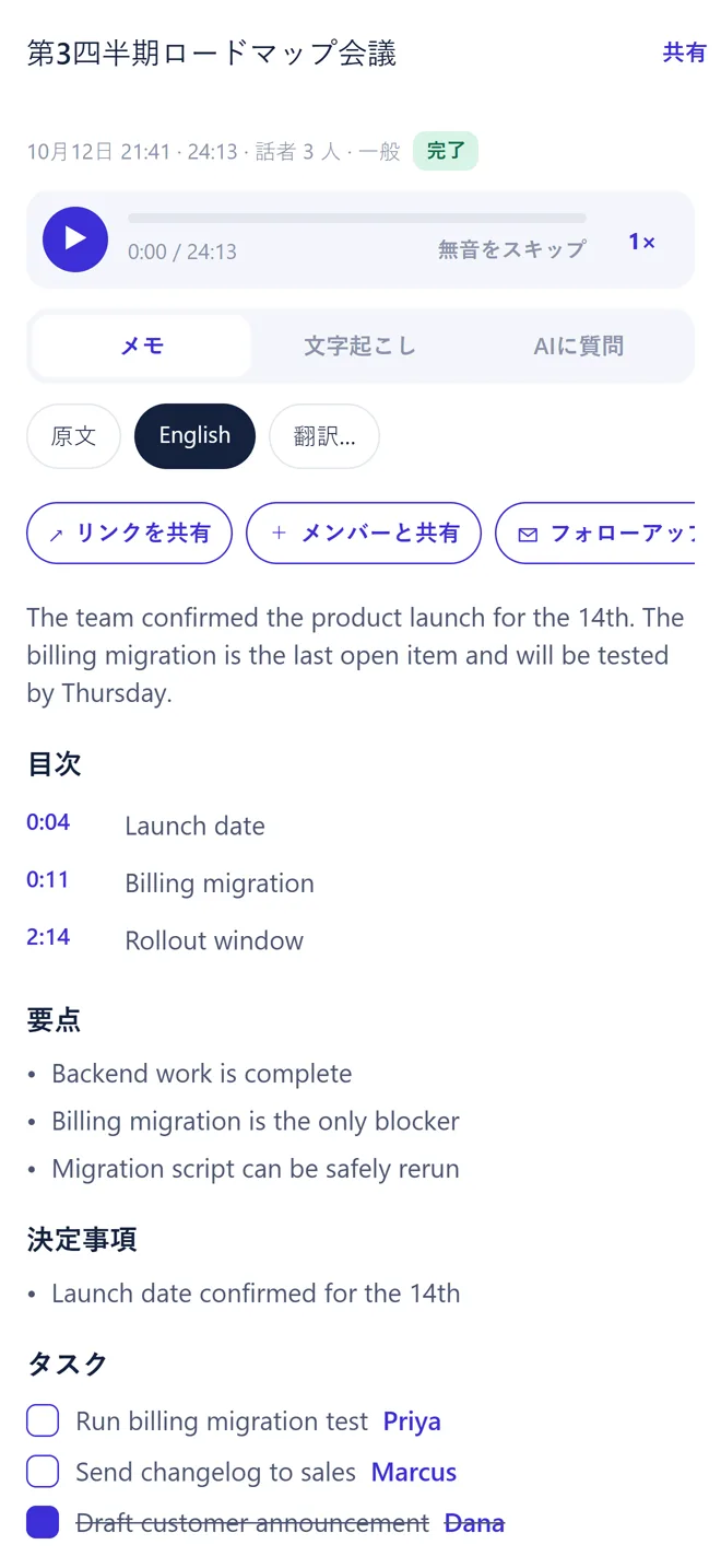 別の言語に翻訳された会議メモ