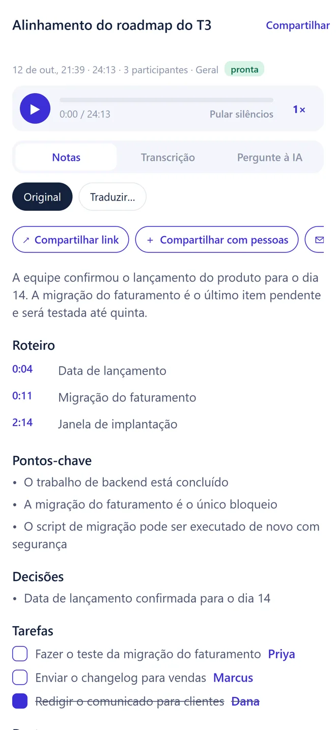 Notas de reunião no Transkribe: resumo, roteiro, pontos-chave, decisões e tarefas com responsáveis