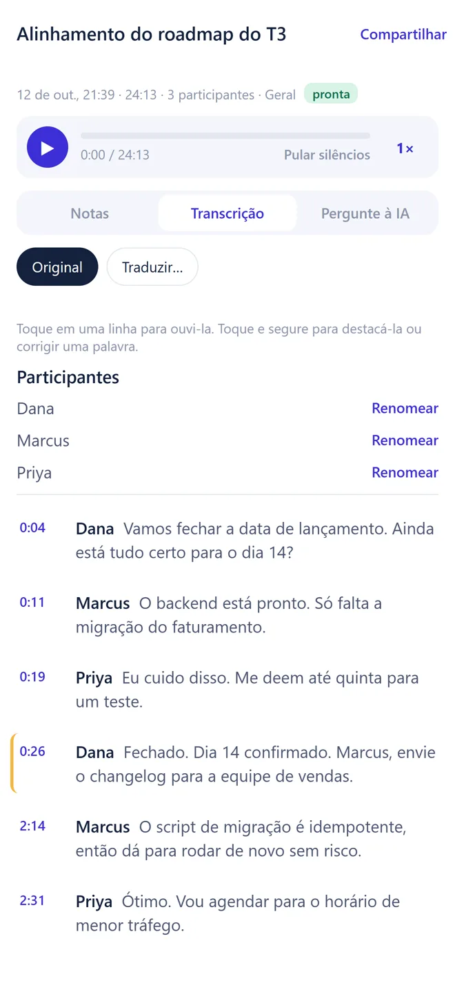 Transcrição no Transkribe com nomes e horários